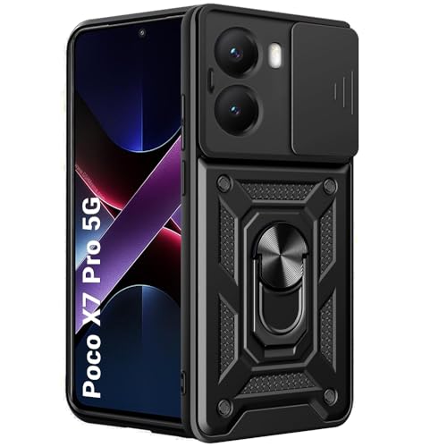 Image of TheGiftKart Tough Armor Bumper Back Cover Case for Mi Poco X7 Pro 5G | Sliding Camera Cover, Kickstand & Ring Holder | 360 Degree Protection Back Cover Case for Poco X7 Pro 5G (PC & TPU, Black)