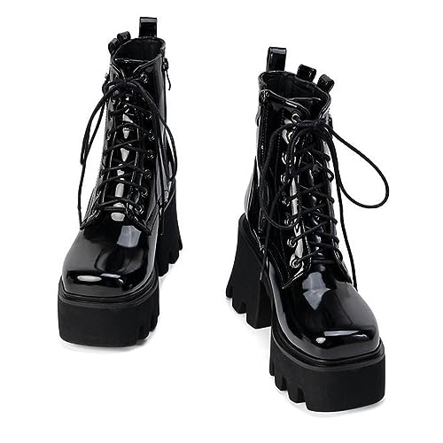 Tokouk Women's Patent Leather Chunky Heels Gothic Ankle Boots With Lace Up& Zipper,Fashion Lug Sole Platform Non-Slip Y2K Punk Short Booties Motorcycle Combat Booties2