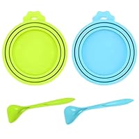 Diffaxy 2 Stück Deckel für Dosen mit 2 Löffel, Universalgröße Tierfutter-Dosendeckel, Silikondeckel für Hundefutter und Katzenfutter, passend für 3 Dosendeckel in Standardgröße – Blau, Grün