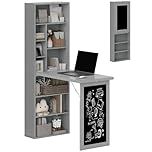 HOMCOM Wall Mounted Computer Desk, Space Saving Folding Study Table with Black Board, Bookshelf, Floating Writing Desk with Adjustable Shelf, 9 Open Compartments for Small Space, Grey