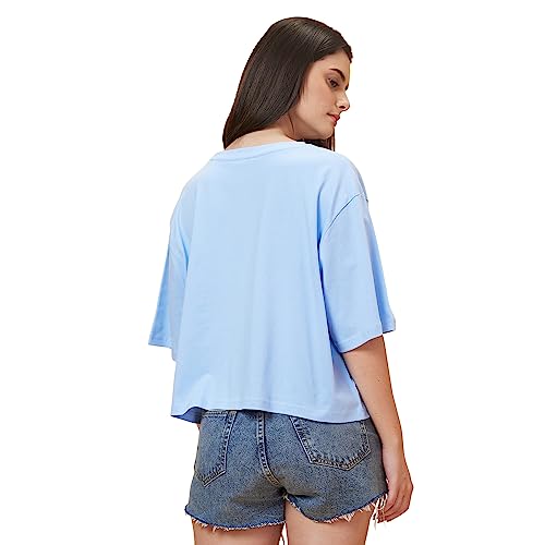 Image of Globus Women Blue Printed Round Neck Casual Boxy Fit T-shirt-3638180001