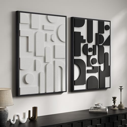 Large 3D Textured Framed Black and White Abstract Wall Art for Li...