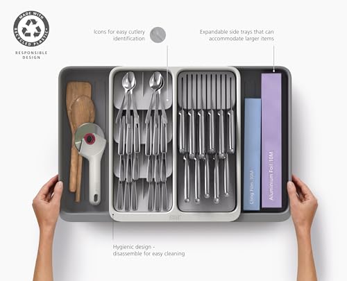 Image of Joseph Joseph DrawerStore Expanding Tiered Flatware Cutlery Tray with Knife Organizer, Expandable In-Drawer Space-Saving Kitchen Storage, Recycled Plastic