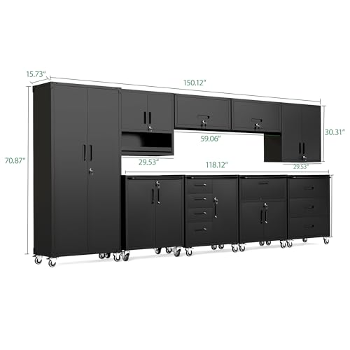 Image of 9-Piece Heavy Duty Steel Garage Cabinet System | All-in-One Modular Garage Cabinet Set for Ultimate Workshop Organization | Easy Assembly Garage Storage Cabinets & Tool Bench (Black)