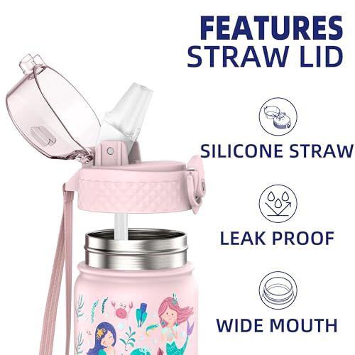GOPPUS 420ml/14oz Kids Insulated Water Bottle with Straw Cute Double Wall Stainless Steel Child's Small Flask Vacuum Insulated Steel Metal Leak Proof Drink Flask Boys Toddler Girls Bottles BPA-Free - Image 2