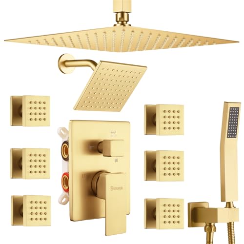 Image of Shower System Brushed Gold Dual Shower Head with Body Jets, Oupukle Four Modes Shower Faucet Set Ceiling Mount 12 inch Rain Shower Head & 6 inch Wall Mounted Head with 6PCS Body Jets