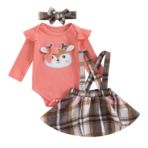 Image of Fernvia Newborn Baby Girl Christmas Outfits Ribbed Long Sleeve Rompers Ruffles Plaid Suspender Skirts Headband Fall Clothes