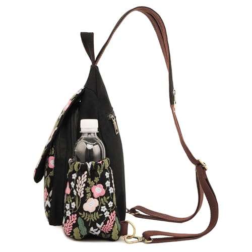 Image of SILKAREA Boho Embroidered Sling Backpack for Women Canvas Travel Chest Bag Flowers Multi-purpose Backpack Purse Shoulder Bag(Embroidered Black)