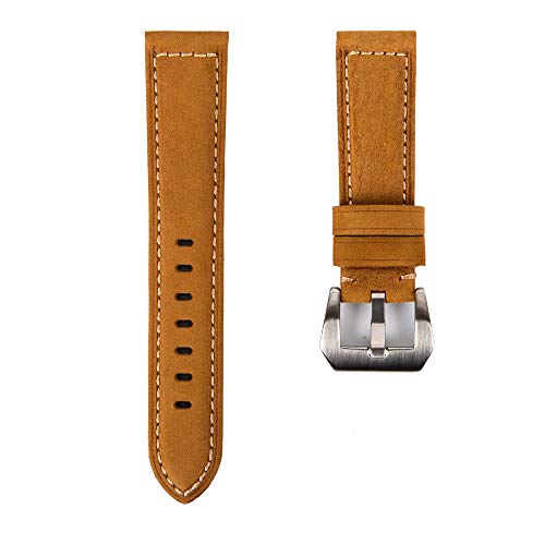 Quick Release Leather Watch Bands Smooth Pattern Replacement Strap Steel Pin Buckle Super Soft Leather Watch Bands for Men-22mm 24mm 26mm Top Grain Leather Watch Strap (Light brown/silver, 24mm)