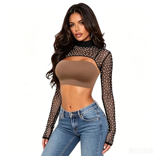 Image of Ypser See Through Glitter Mesh Crop Top Sheer Open Front Shrug Fishnet Cover Ups