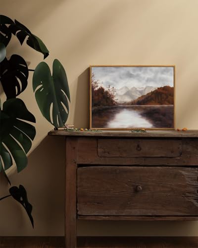 Image of KISSFOX Vintage Fall Countryside Framed Wall Art Autumn Lake Mountain Forest Landscape Canvas Art Farmhouse Nature Paintings Artwork Rustic Serene Art Prints For Kitchen Living room Bedroom