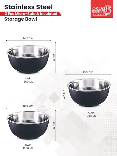 Image of CLASSIC ESSENTIALS Stainless Steel Microwave Safe Mixing Bowls Set with Lid Food Serving and Storage Containers for You Modern Kitchen (CE-MSB-3Navy Blue)