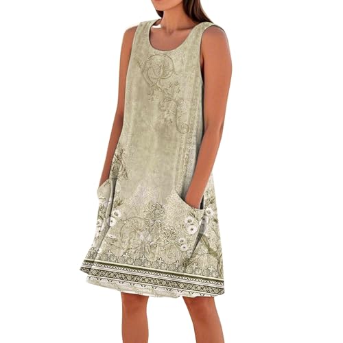 Damen Leinen Kleid, Ärmelloser, Rundhals, Reine Farbe, Leinen Baumwolle Strandkleid mit Taschen, Knielang,Braun,XL