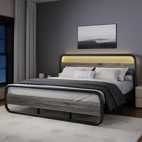 Image of King Size Bed Frame, Wood Headboard and Footboard, LED Lights, Grey | Metal Platform with Heavy Duty Metal Slats Support /12 in Under-Bed Storage /Noise-Free /No Box Spring Needed /Easy Assembly