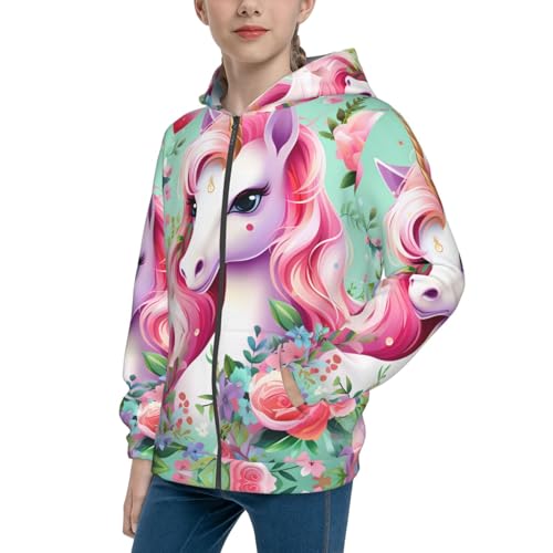 Pink Unicorn Print Girls Athletic Zip Up Hoodies,Sweatshirts with Pockets Long Sleeve Hooded Jackets, for 7-18 Y