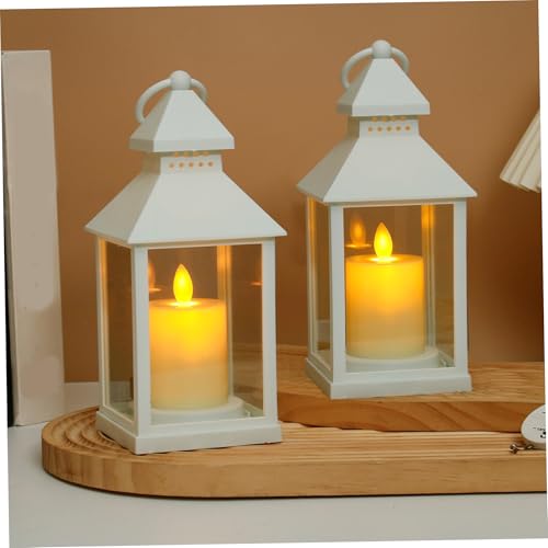 2Pcs White Lanterns, 9x4 Inch LED Battery Operated Lantern with Handle & Candle Shape, Decorative & Safe for Indoor, Outdoor, Battery Operated Lantern, White Lanterns
