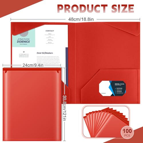 Henoyso 100 Pack Plastic Folders with Clear Front Pockets Bulk Heavy Duty File Folders with 2 Pockets and Card Slot for Student Teacher Back to School Supplies Office Presentation (Red) by Henoyso - Image 2