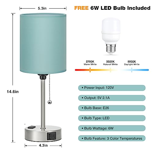 Dicoool Teal Bedside Lamp for Nightstand - 3 Color Temperature Table Lamp with USB C and A Ports, Pull Chain Lamp for Bedroom with AC Outlet, Coastal Desk Lamp with Silver Metal Base for Kids Girls - Image 5