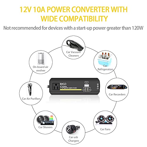 AC to DC Converter, 100-240V to 12V 10A Power Adapter with Cigarette Lighter Socket and Voltage Display, 2 USB Ports & Type-C, Power Converter for Car Vacuum Cleaner, Car Refrigerator, Inflate Pump