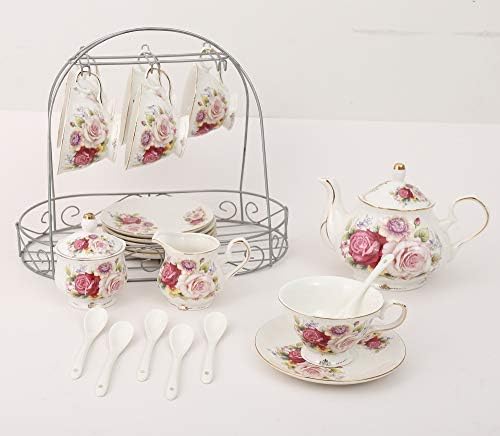 ufengke 15 Piece European Ceramic Tea Sets, China Coffee Set with Metal Holder,Colorful Rose Painting Pumpkin Coffee Tea Pot