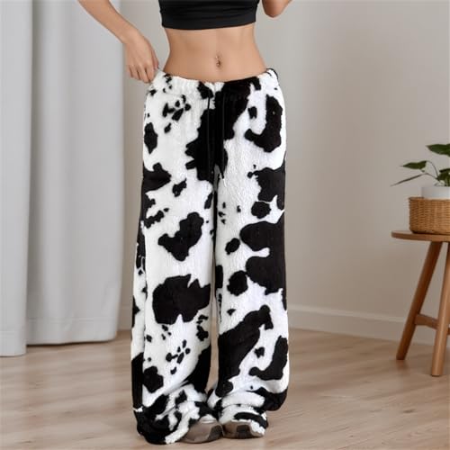 Image of VCM Leopard Print Pants Y2k High Waisted Baggy Trousers Drawstring Fluffy Cheetah Fuzzy Pajama Sleepwear