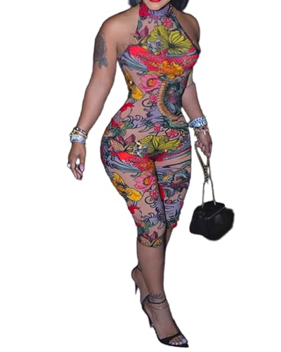 VOIKERDR Sexy Jumpsuits for Women Mesh Print Halter Backless Jumpsuits Capri Club Outfits
