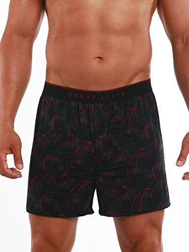 Perry Ellis Men's Luxe Button Fly Boxer Short, Raindrop - Red, Large