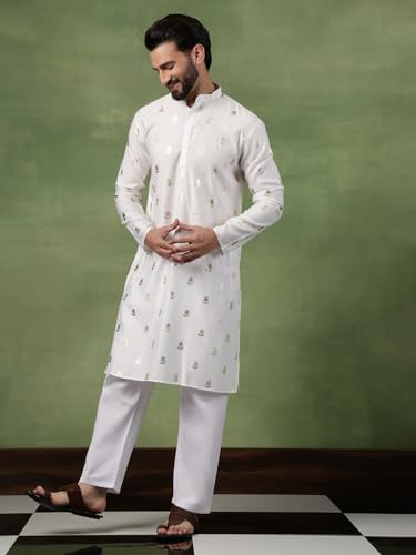 Image of SOJANYA (Since 1958 Men's Cotton Long Kurta with Golden Floral Motif Print