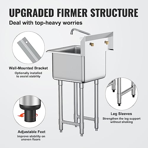 VEVOR Stainless Steel Prep & Utility Sink, 1 Compartment Free Standing Small Sink Include Faucet & legs, 18\"x41\" Commercial Single Bowl Sinks for Garage, Restaurant, Kitchen, Laundry, NSF Certified
