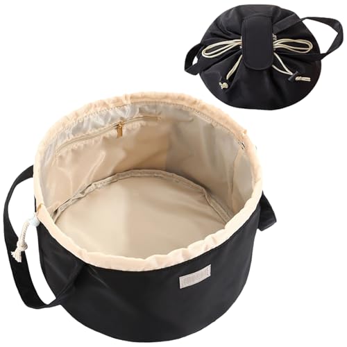INVODA Makeup Bag for Women Drawstring Cosmetic Bag Large Travel Make up Pouch Portable Barrel Toiletry Bag Pull String Toiletries Pouch Travel Cosmetic Organizer (Black)