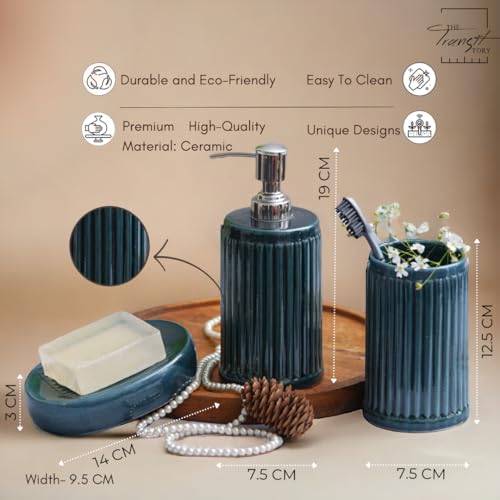 Image of Premium Ceramic Bathroom Accessories Set of 3 | Oval Hand-Painted Luxury Bath Set with 300ml Liquid Soap Dispenser, Toothbrush Holder & Soap Tray (Dark Teal with Vertical Ribbed)