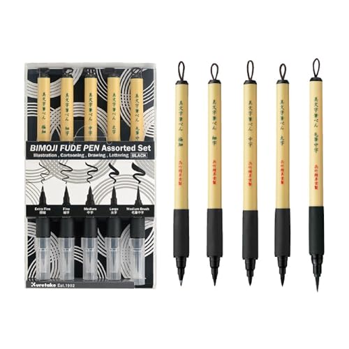 Kuretake Bimoji Brush Pen, Extra Fine, Fine, Midium, Broad, Midium/Bristles, Value Set of 5, XT/5VAZJ