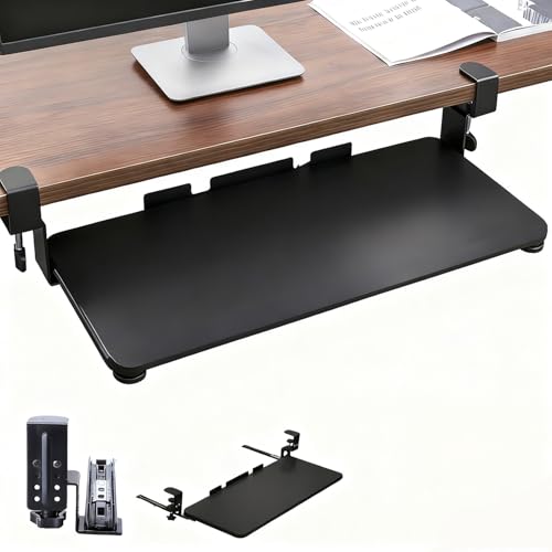 Bandeja Teclado Bajo Mesa,Equipada Con Un Sistema De Instalación Ajustable Tipo C Ultra Resistente,De 29,5pulgadas 34,2 Pulgadas Con Abrazadera X9,8 Pulgadas,Capaz De Soportar Hasta 25 Kg,Color Negro