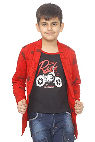 Image of Boys Full Sleeve Cotton Black Printed T-Shirt with Attached Yellow Jacket Shrug Look Smart and Comfortable for Any Casual and Festive Purpose