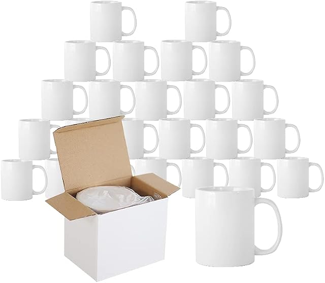 Yoshome Sublimation White Large Handle Coffee Mugs 11oz Plain Blank Printing Mugs with Box (Pack of 24)