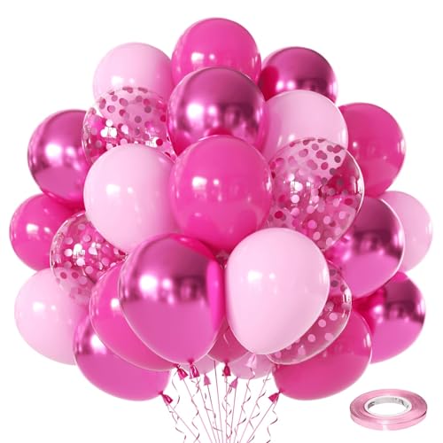 Image of Pink Balloons Hot Pink Balloons, 50pcs Light Pink Metallic Chrome Dark Pink Confetti Latex Party Balloons for Girls Women Birthday Bridal Shower Wedding Princess Party Decorations