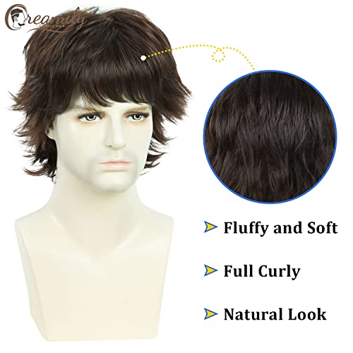 Image of Creamily Short Curly Hair Big Wig for Man,Brown Natural Cosplay for Men,Realistic Man Hair Wig,Layered Fluffy Wolf Cut Wigs (Brown, 10inches)