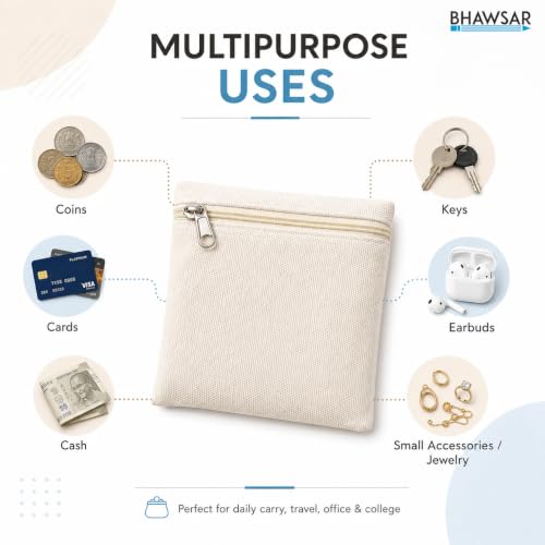 Image of Canvas by DIY Mini Chain Pouch 4x4 Inch | Multipurpose Cotton Canvas Storage Bag with Chain & Zip | Lightweight Portable Pouch for Coins, Keys, Earbuds, Cash, Cards & Accessories