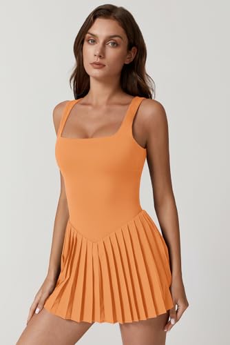Image of QINSEN Womens Square Neck Tennis Dress Pleated Sleeveless Built in Shorts Golf Athletic Dress with Pockets