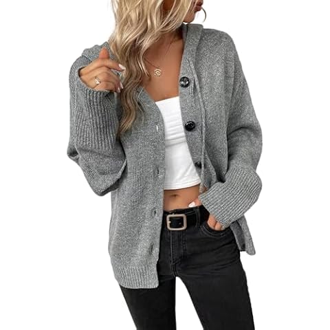 Women's Casual Cardigan V Neck Button Down Hooded Sweaters Long Sleeve Hoodies Outfits Grey Cover