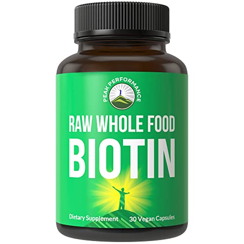 Organic Biotin - Raw Whole Food Plant Based Vegan Biotin 5000mcg Capsules Supplement by Peak Performance. High Potency B7 Vitamin Pills for Hair Growth, Skin, Nails. for Men + Women 5000 mcg Vitamins