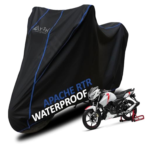 Image of Bike Body Cover TVS Apache Full Body Cover with Waterproof, Dust Proof, UV Rays Protective, Tripple Stitching & Lightweight Two Wheeler Covers - Black with Waterproof Blue Piping