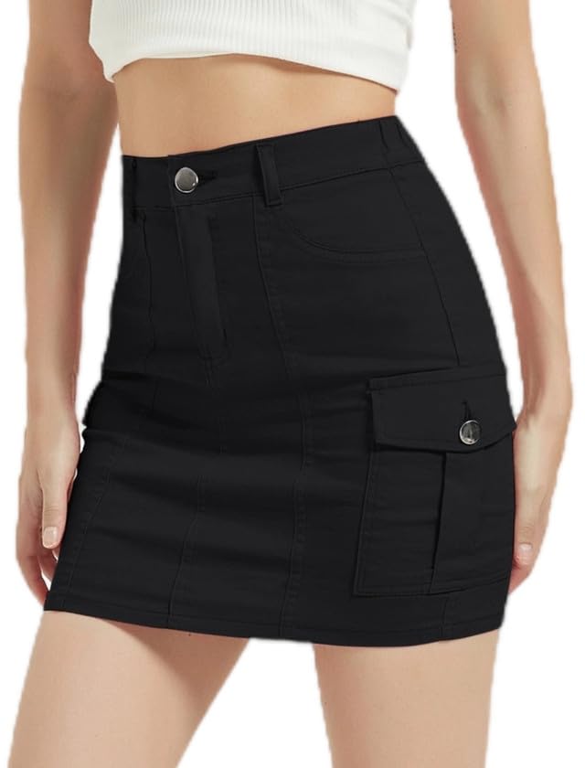 Mebius Women's Low Rise Mini Cargo Skirt Denim Jean Bodycon Button Y2K Short Micro Skirts with Pockets Sexy Cute