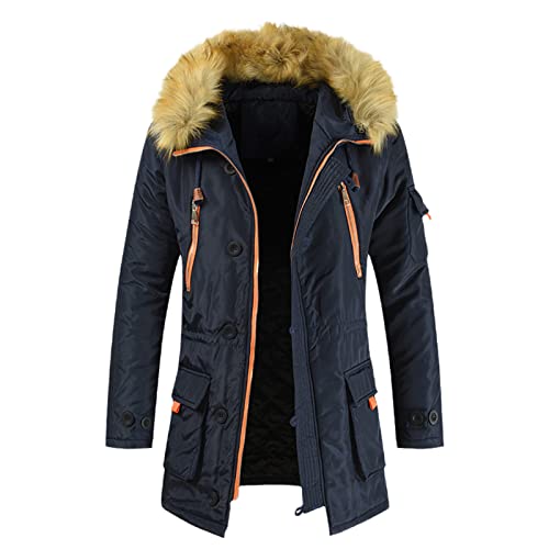 Parka d'hiver fausse fourrure mi-longue bleu marine veste chaude homme XXXL