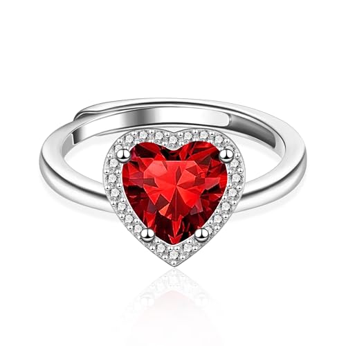 ALEXCRAFT Anillos Mujer Plata De Ley 925 Ajustables Anillo Mujer Ajustable Plata Anillo Corazón Rojo