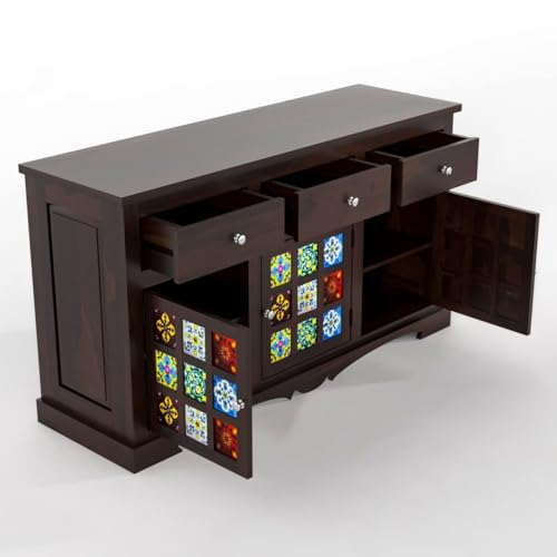 Image of Sheesham Wood Sideboard and Cabinets | Wooden Side Board Tv Cabinet with Multicolor Tiles for Living Room | Free Standing Buffet with 3 Drawers & 3 Door Cabinet Storage, Walnut Finish