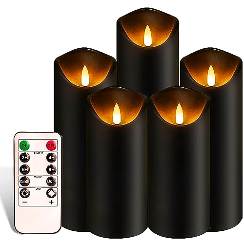 Image of Black Pillar Flameless Candles 3D Wick with Controller,led Slim Candles Flicering Flame,Battery Operated Fake Plastic Candles for Halloween Christmas,Party Decor.(5Pack H 5 inch 5 inch 6 inch 6 inch 7 inch x D 2.2 inch)