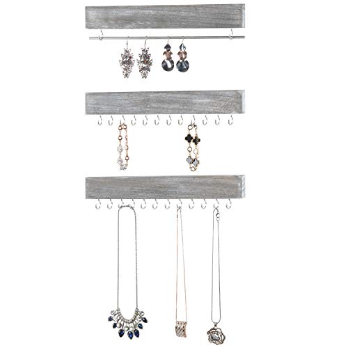MyGift 3-Piece Wall Mounted Gray-Whitewash Finish Wood Jewelry Rack Set with Bracelet and Necklace Rod and 24 Hooks MyGift 3-Piece Wall Mounted Gray-Whitewash Finish Wood Jewelry Rack Set with Bracelet and Necklace Rod and 24 Hooks