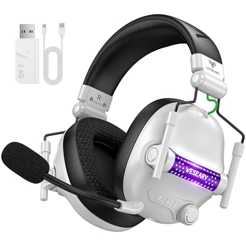WESEARY WG2 Cascos Gaming Inalambricos, Auriculares Gaming Inalambricos de 2.4G para PS5, PS4, PC, Switch, Sonido Estéreo Auriculares con Microfono, Cascos Gaming con Luz LED, Duración 50Hr+