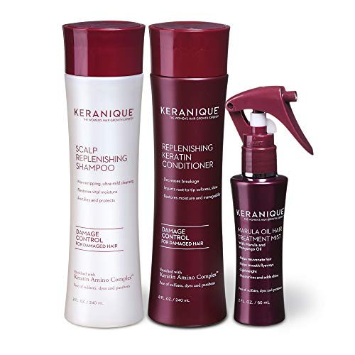 Keranique Damage Control Anti-Hair Loss Kit - includes Hair Growth Shampoo and Conditioner for Damaged Thinning Hair and Marula Oil Mist, 60 Days